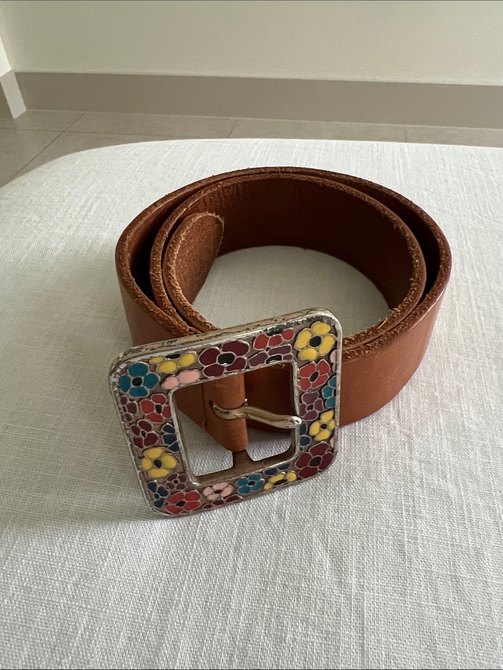 Vintage Brown Leather Belt with Colorful Floral Buckle